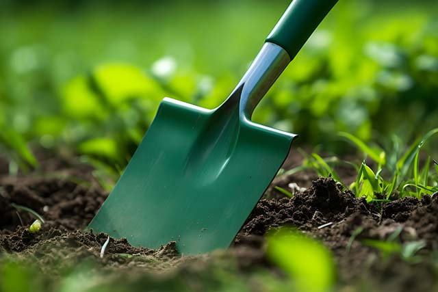 A bare root holly hedge being planted in a trench