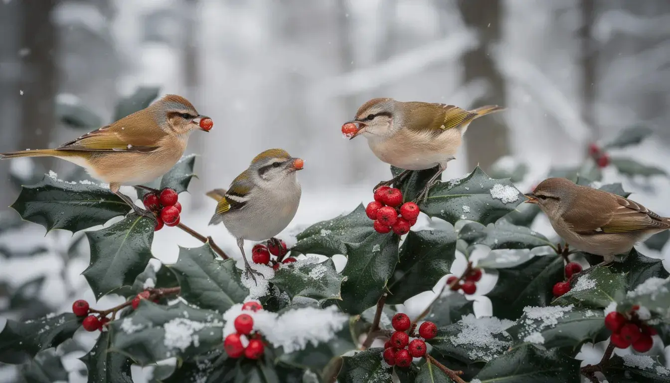 A group of birds, including both male and female species, are feeding on vibrant red berries of holly plants amidst evergreen foliage during the winter months. The holly hedge, with its glossy green leaves and robust root system, provides a wildlife-friendly environment for these birds.