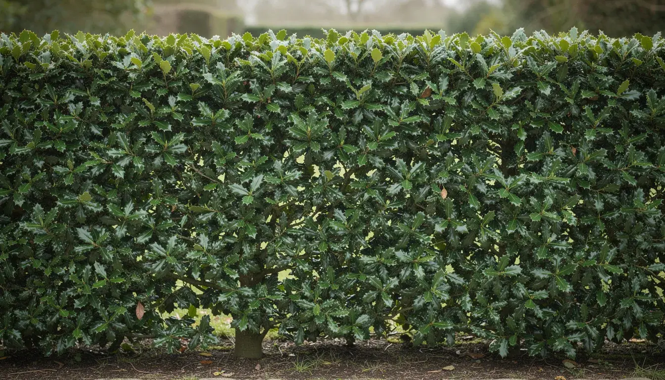 Established Holly hedge with dense evergreen foliage