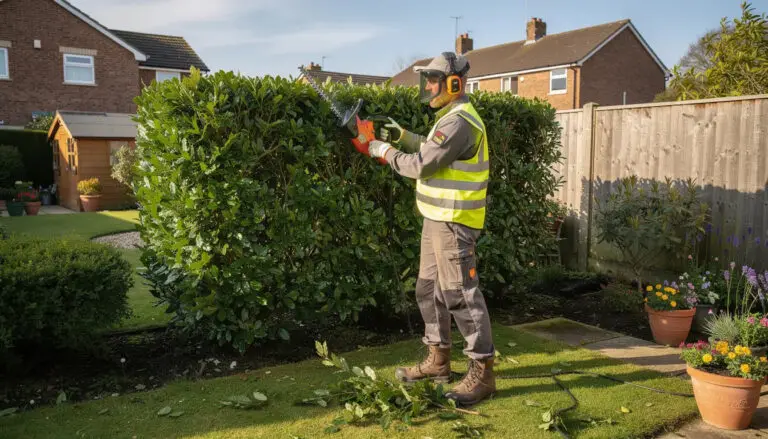 Pruning an established hedge with long-handled shears