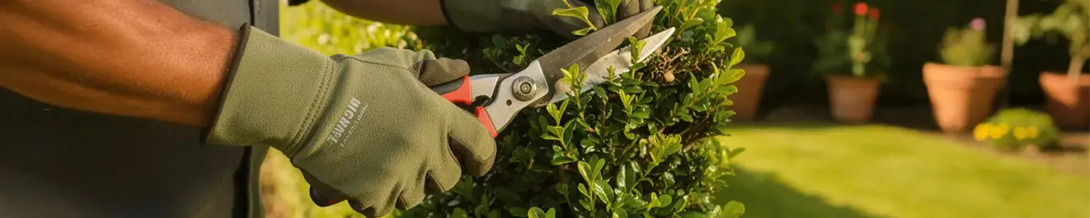 A person wearing thick gloves is trimming a green privet hedge in a sunny UK garden, using electric trimmers to maintain its tidy appearance and precise shapes. The scene highlights the importance of hedge trimming for achieving a well-defined structure while ensuring safety with personal protective equipment.