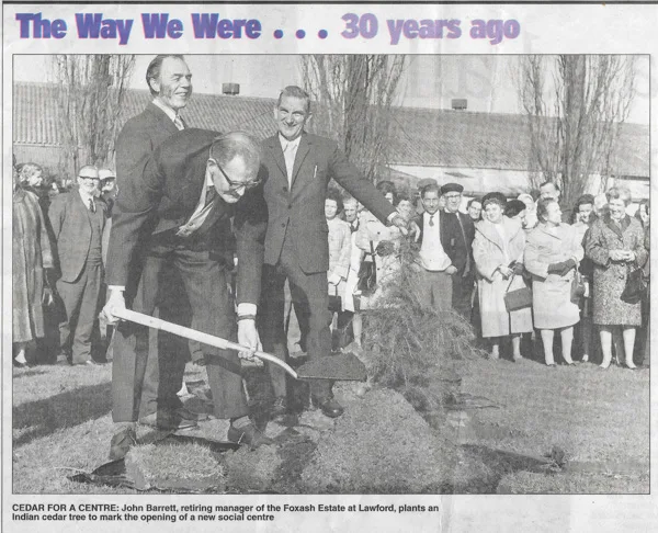Historic newspaper photograph showing Geoff Bodsworth at the planting of an Indian cedar at the LSA social club in Lawford