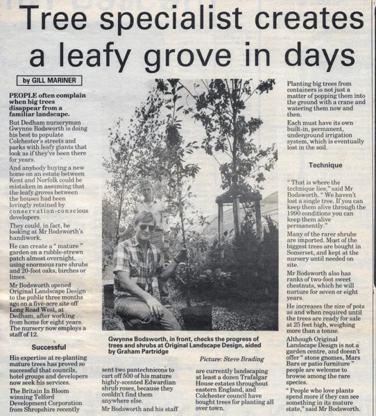 Historic newspaper feature about Gwynne Bodsworth and Original Landscape Design planting mature trees