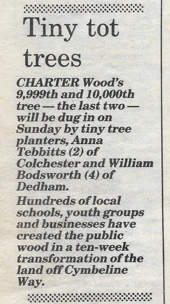 Historic newspaper clipping mentioning four-year-old William Bodsworth helping plant the 10000th tree at Charter Wood near Colchester